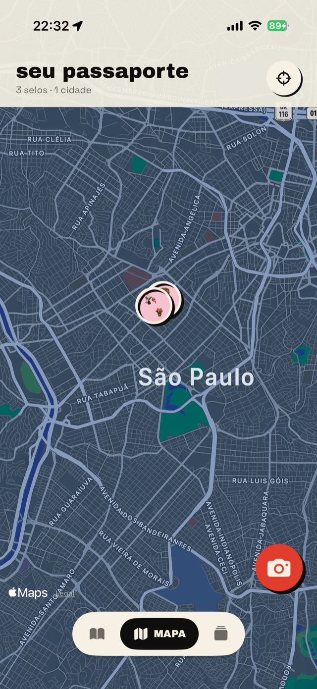 print real do Hanko: mapa de São Paulo com os pins dos selos capturados — “seu passaporte, 3 selos · 1 cidade”